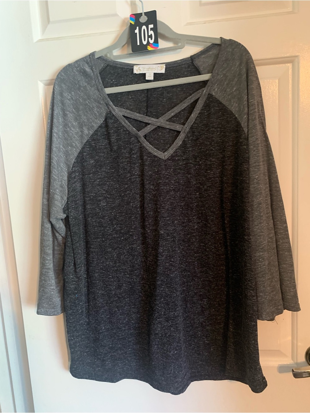 Suzanne Betro Charcoal and Heather Gray Crisscross V-Neck Raglan Top